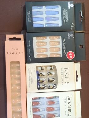 Assorted Press-On Nail Sets – Blue, Nude, Peach, Natural & Multicolor Accents